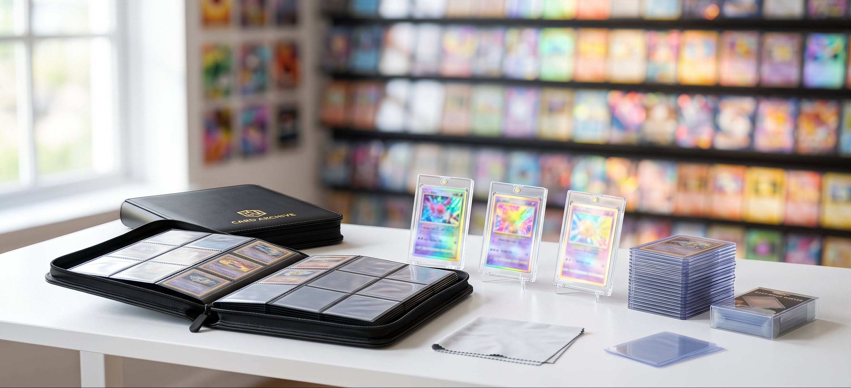 A black plastic card binder and card sleeves displayed on a white table, with a blurred background of shelves filled with collectible trading cards.